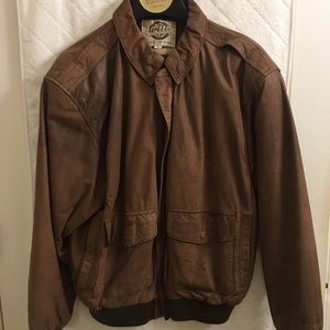 Brown leather bomber jacket